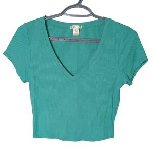 Bozzolo Teal Ribbed Women's V Neck Cropped Top‎ Size Large